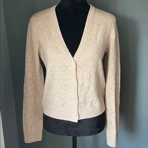 MONROW Wool Lightweight Cashmere Oatmeal Heart Cardigan NWT